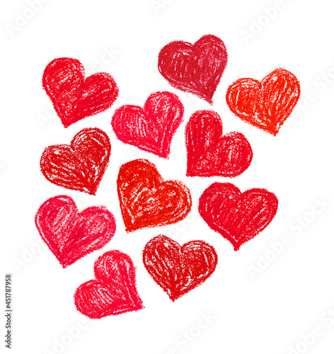 Hearts. Group of pastel hand made hearts. Red, orange, yellow grunge heart shapes