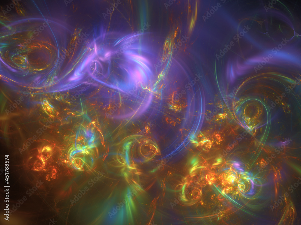 Abstract fractal art background.  Glowing purple and orange lines and blurs.