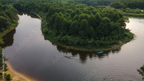 Aerial top view river  forest and beach. Gorgeous aerial panoramic view on the touristic part of the river Berezina in Belarus.