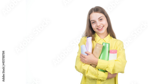 shopping. kid use shower gel. child cleaning hair with shampoo. daily habits