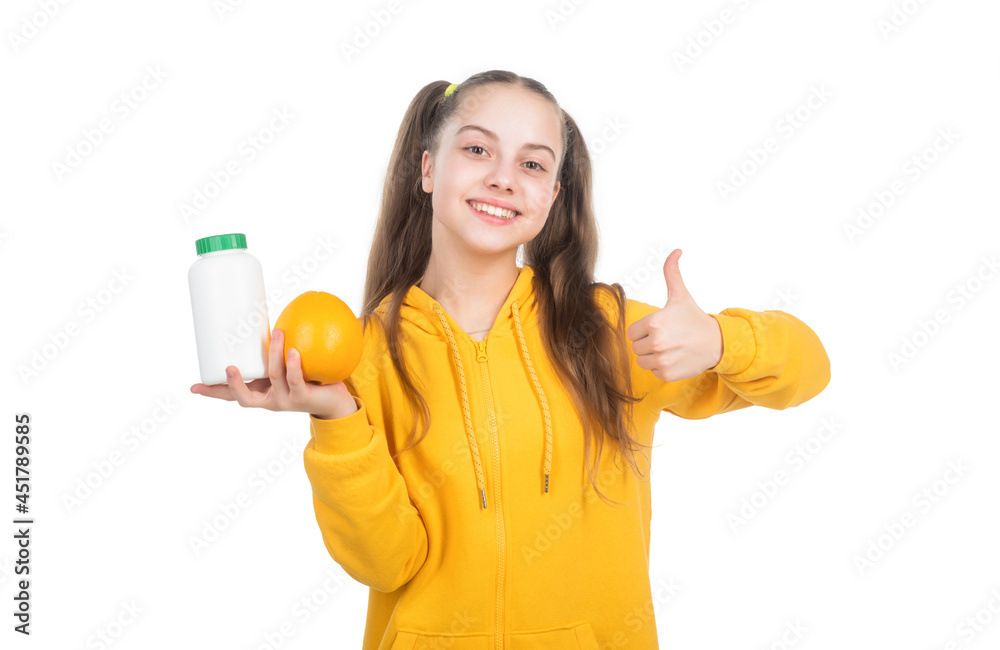 girl presenting multivitamin. thumb up. organic food supplement. girl presenting multivitamin. thumb up. organic food supplement.