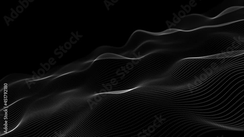 Futuristic grid wave of blue halftone digital dots data smooth seamless animation on dark with dim light background. Flow particles landscape. For cyber technology, sound visualization, big data