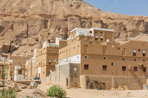 rocky mountain and traditional stone-made houses of shibam hadramaut in yemen photo