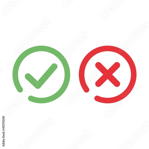 Green circle with check mark and red circle with cross sign. Approved and rejected symbol.