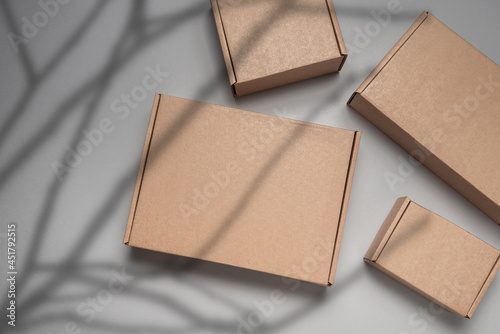 Brown flat cardboard carton box decorated with tree branch shadow © mdbildes