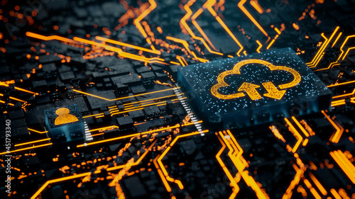Data storage Technology Concept with cloud symbol on a Microchip. Orange Neon Data flows between the CPU and the User across a Futuristic Motherboard. 3D render. photo