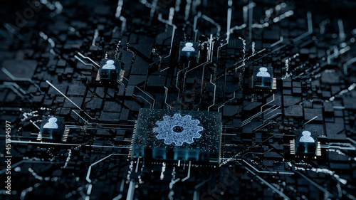 Configure Technology Concept with cog symbol on a Microchip. White Neon Data flows between Users and the CPU across a Futuristic Motherboard. 3D render. photo