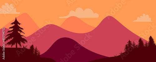 Sunset view on mountain landscape vector illustration. Abstract scene background.