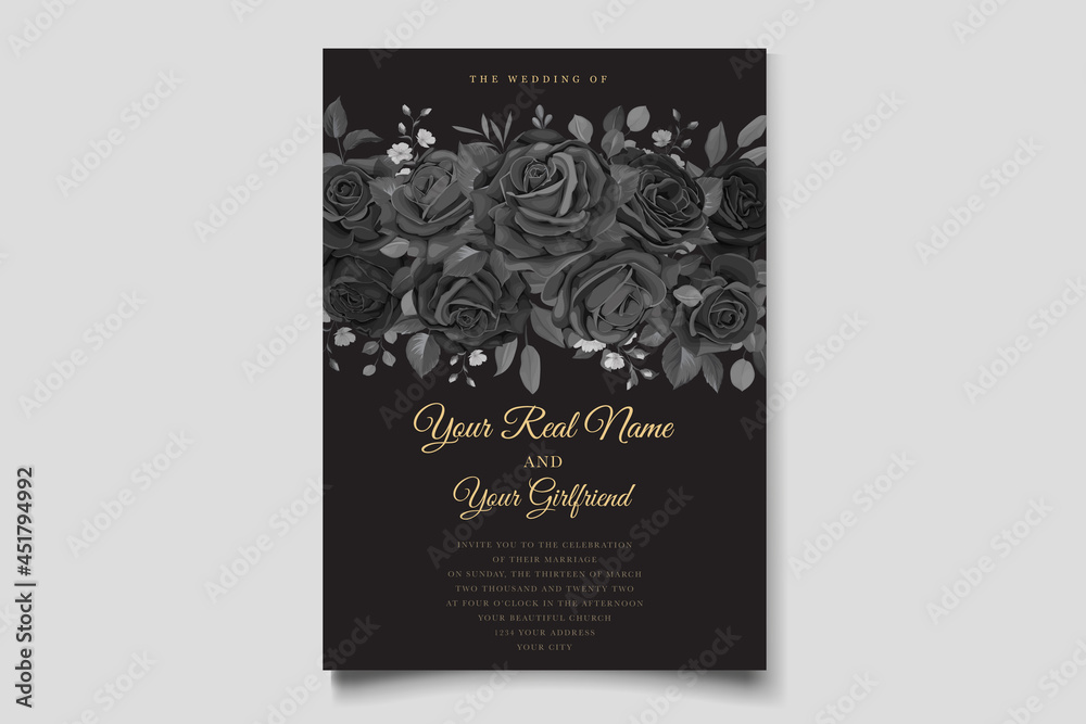 hand drawn black roses invitation card set