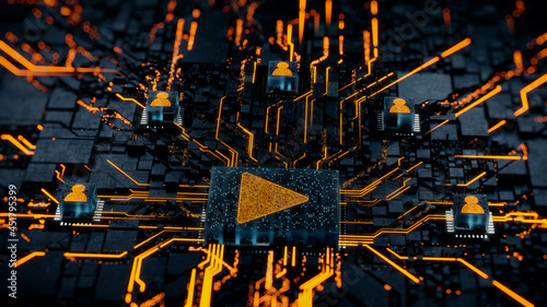 Media Technology Concept with play symbol on a Microchip. Orange Neon Data flows between Users and the CPU across a Futuristic Motherboard. 3D render. photo