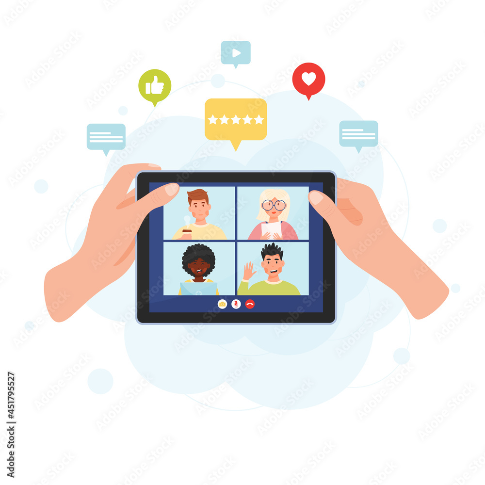 Hands holding tablet with online meeting conference chat. Video chat concept with notification bubbles. Vector illustration. Hands holding tablet with online meeting conference chat. Video chat concept with notification bubbles. Vector illustration.