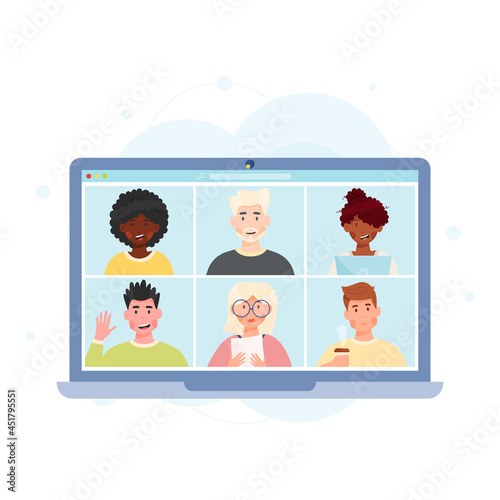 Online video chat conference meeting with diverse group of people. Vector illustration.