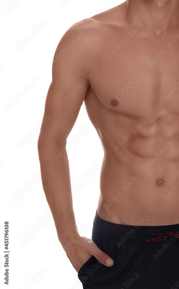 Shirtless man with slim body isolated on white, closeup