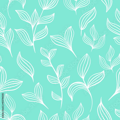 Pattern of delicate white leaves on a mint background vector illustration. Seamless deciduous background. Template with plants for wallpaper, packaging, fabric. 