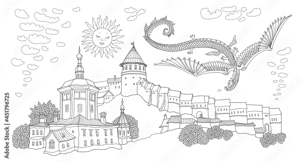 Vector cartoon fairy tale landscape with flying snake dragon. Hand drawn black and white Doodle sketch of ancient Russian medieval town with fort castle and church. Adults and children coloring book p
