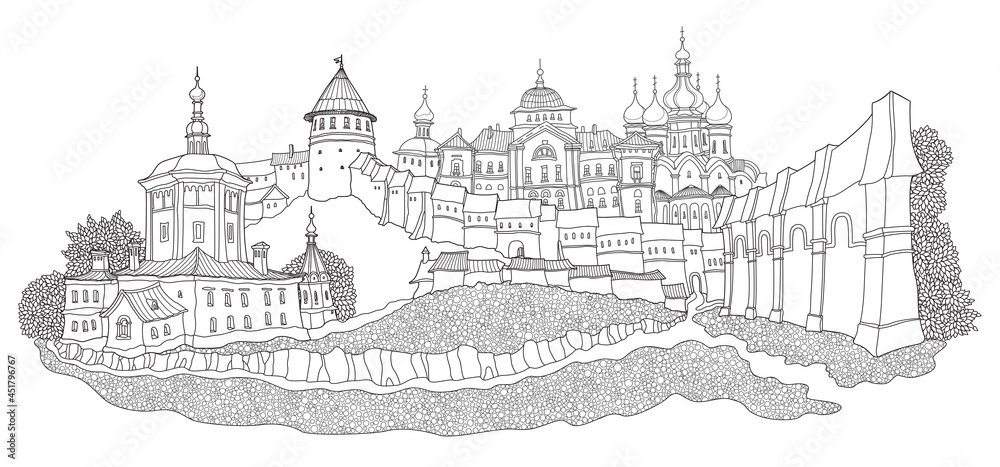 Vector cartoon fairy tale landscape with ancient Russian medieval town. Hand drawn black and white doodle sketch of fort castle and church. Adults and children coloring book page