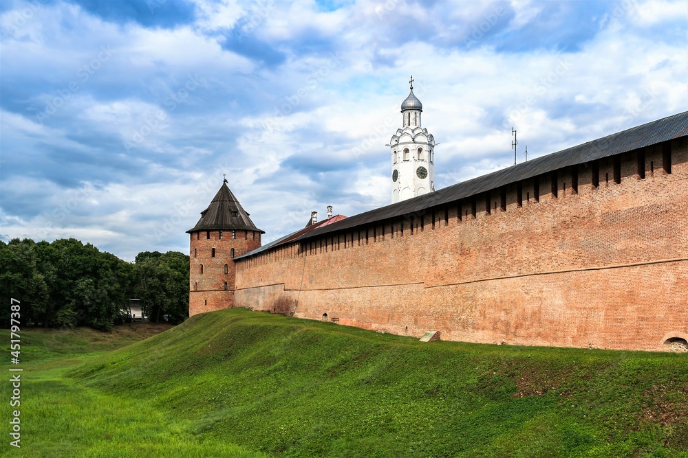 Russia, Veliky Novgorod, August 2021. View of the walls and towers of the city Kremlin.