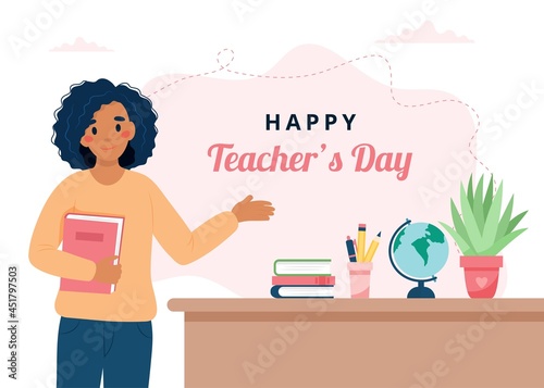 Happy teacher s day concept. Black female teacher in classroom. School and learning. Cute vector illustration in flat cartoon style