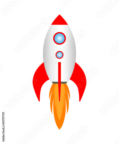 Cartoon rocket take off on white background. Spaseship astronave isolated icon. Start up, business growth, market launch product concept. Vector illustration.