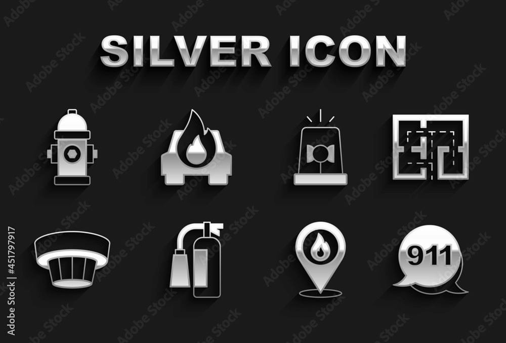 Set Fire extinguisher, Evacuation plan, Emergency call 911, Location with fire flame, Smoke alarm system, Flasher siren, hydrant and Burning car icon. Vector
