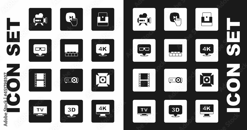 Set Cinema chair, auditorium with screen, 3D cinema glasses, Retro camera, 4k Ultra HD, Online play video, Movie spotlight and Play icon. Vector Set Cinema chair, auditorium with screen, 3D cinema glasses, Retro camera, 4k Ultra HD, Online play video, Movie spotlight and Play icon. Vector