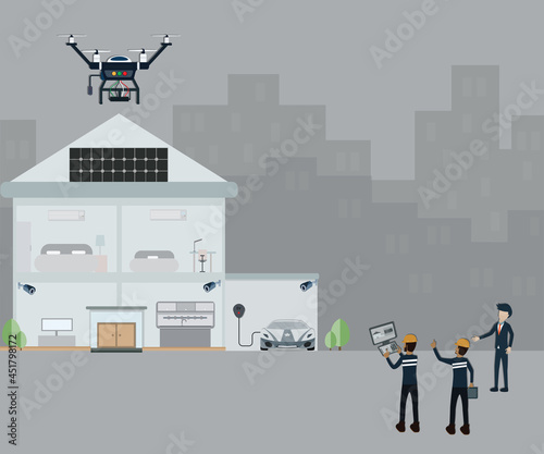 Flat design of technology concept,Tecnicial using drone to check the solar cell on the roof - vector