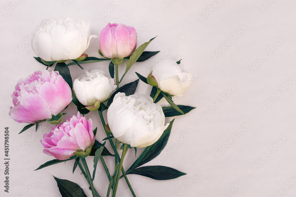 Bouquet of pink and white peonies close-up with copy space for design. Bouquet of pink and white peonies close-up with copy space for design.