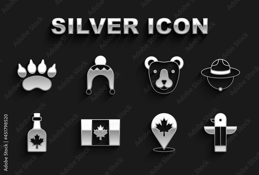 Set Flag of Canada, Canadian ranger hat, totem pole, maple leaf, Bottle syrup, Bear head, paw footprint and Winter icon. Vector Set Flag of Canada, Canadian ranger hat, totem pole, maple leaf, Bottle syrup, Bear head, paw footprint and Winter icon. Vector