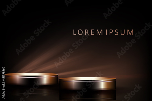 Black stage with geometric round shapes, abstract dim light rays
