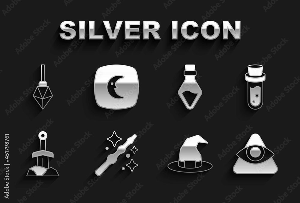 Set Magic wand, Bottle with potion, All-seeing eye of God, Witch hat, Sword the stone, and Moon stars icon. Vector Set Magic wand, Bottle with potion, All-seeing eye of God, Witch hat, Sword the stone, and Moon stars icon. Vector