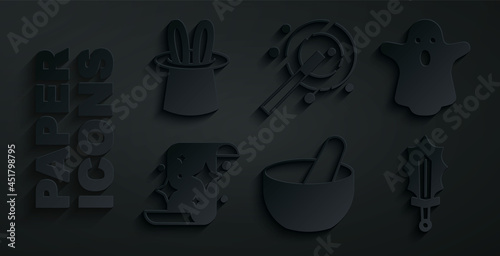 Set Witch cauldron, Ghost, Magic scroll, sword in fire, wand and Magician hat rabbit ears icon. Vector