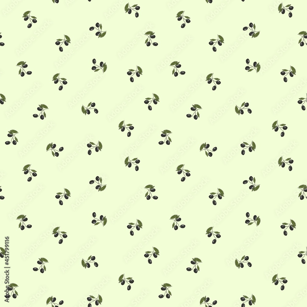 Seamless pattern on a natural theme. Olive branches are drawn by hand with curved lines, a raster illustration. Design for clothing fabrics and other items. Seamless pattern on a natural theme. Olive branches are drawn by hand with curved lines, a raster illustration. Design for clothing fabrics and other items.