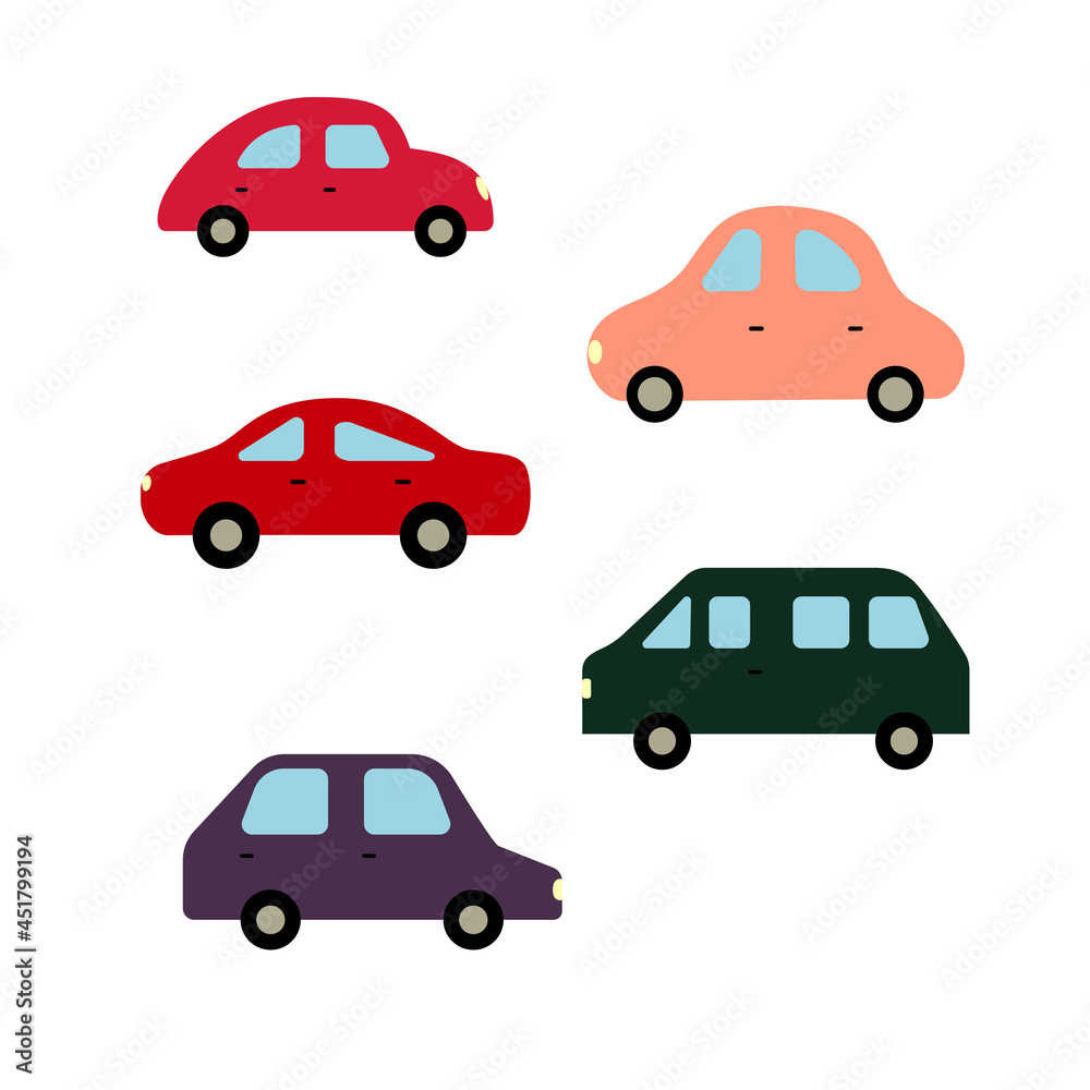Cute car set. Design element for textile, poster, banner, flyer, prints for clothes. Vector colorful illustration isolated on white background.