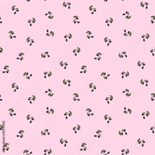 Seamless pattern on a natural theme. Olive branches are drawn by hand with curved lines, a raster illustration. Design for clothing fabrics and other items.
