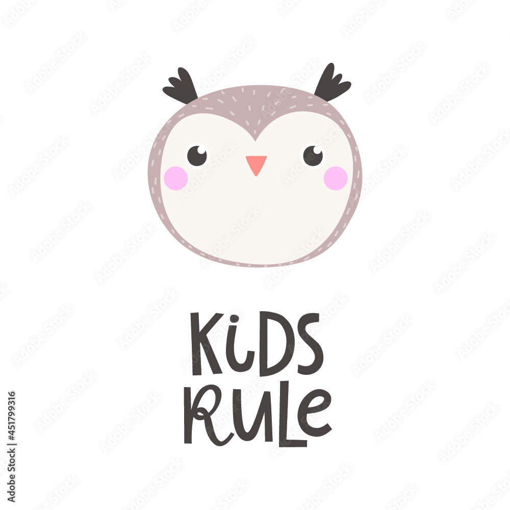 Vector illustration with owl and text Kids rule.