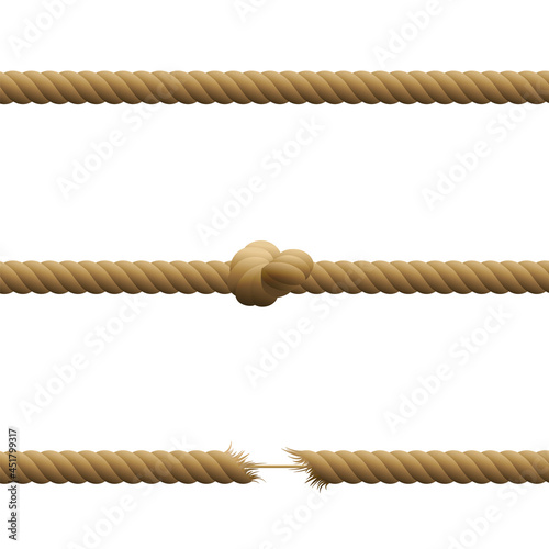 Ropes - intact, with knot and hanging by a thread with frayed tensioned ends held together by a thin string. Isolated vector illustration on white background.
 photo