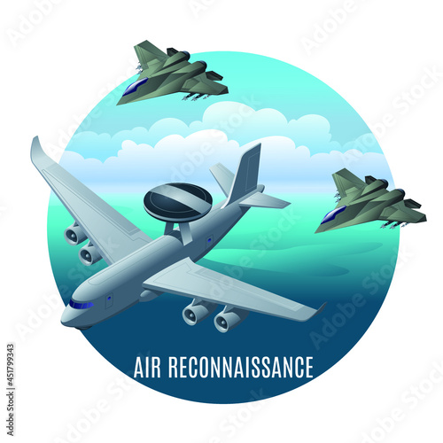 Air Reconnaissance, Air Force, flight over the ocean, vector illustration isometric icons on isolated round background