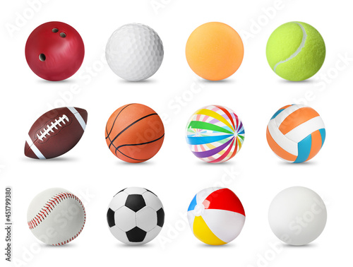 Set with different balls on white background. Sports equipment