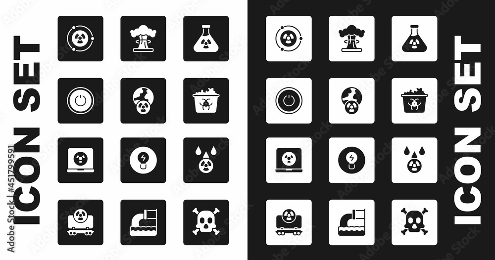 Set Test tube radiation, Planet earth and, Power button, Radioactive, Infectious waste, Nuclear explosion, Acid rain radioactive cloud and laptop icon. Vector Set Test tube radiation, Planet earth and, Power button, Radioactive, Infectious waste, Nuclear explosion, Acid rain radioactive cloud and laptop icon. Vector