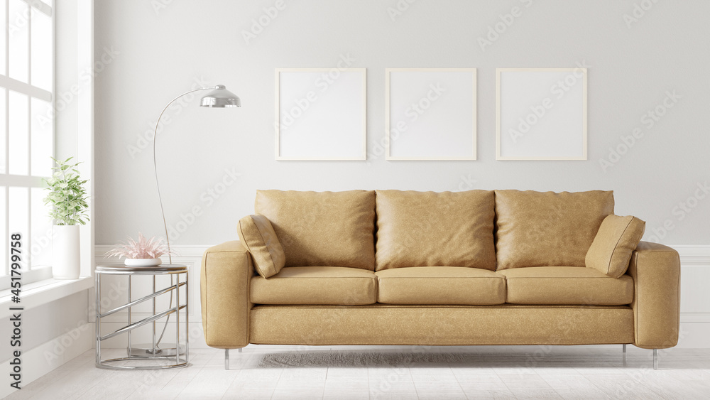 Square poster mockup with Three frames on the empty white wall in living room interior, Living room, 3D Rendering Square poster mockup with Three frames on the empty white wall in living room interior, Living room, 3D Rendering
