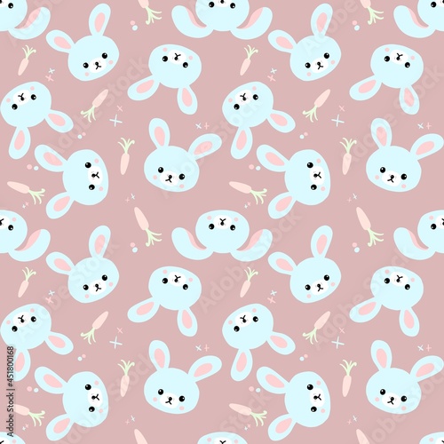 Seamless pattern with cute bunnies, carrots and other elements. Design for clothing, fabric and other items. The illustration is hand-drawn with live lines in the cartun style.