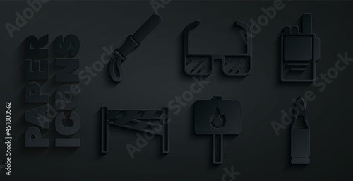 Set Protest, Walkie talkie, Crime scene, Bullet, Safety goggle glasses and Police rubber baton icon. Vector