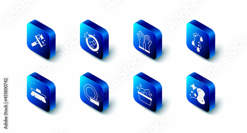 Set Washing dishes, Rubber gloves, Sponge, Basin with soap suds, Brush for cleaning and cleaner windows icon. Vector
