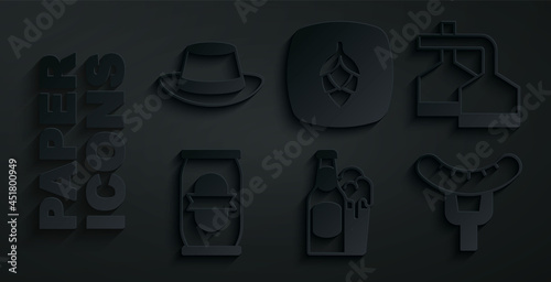 Set Beer bottle and glass, brewing process, can, Sausage on the fork, Hop and Oktoberfest hat icon. Vector