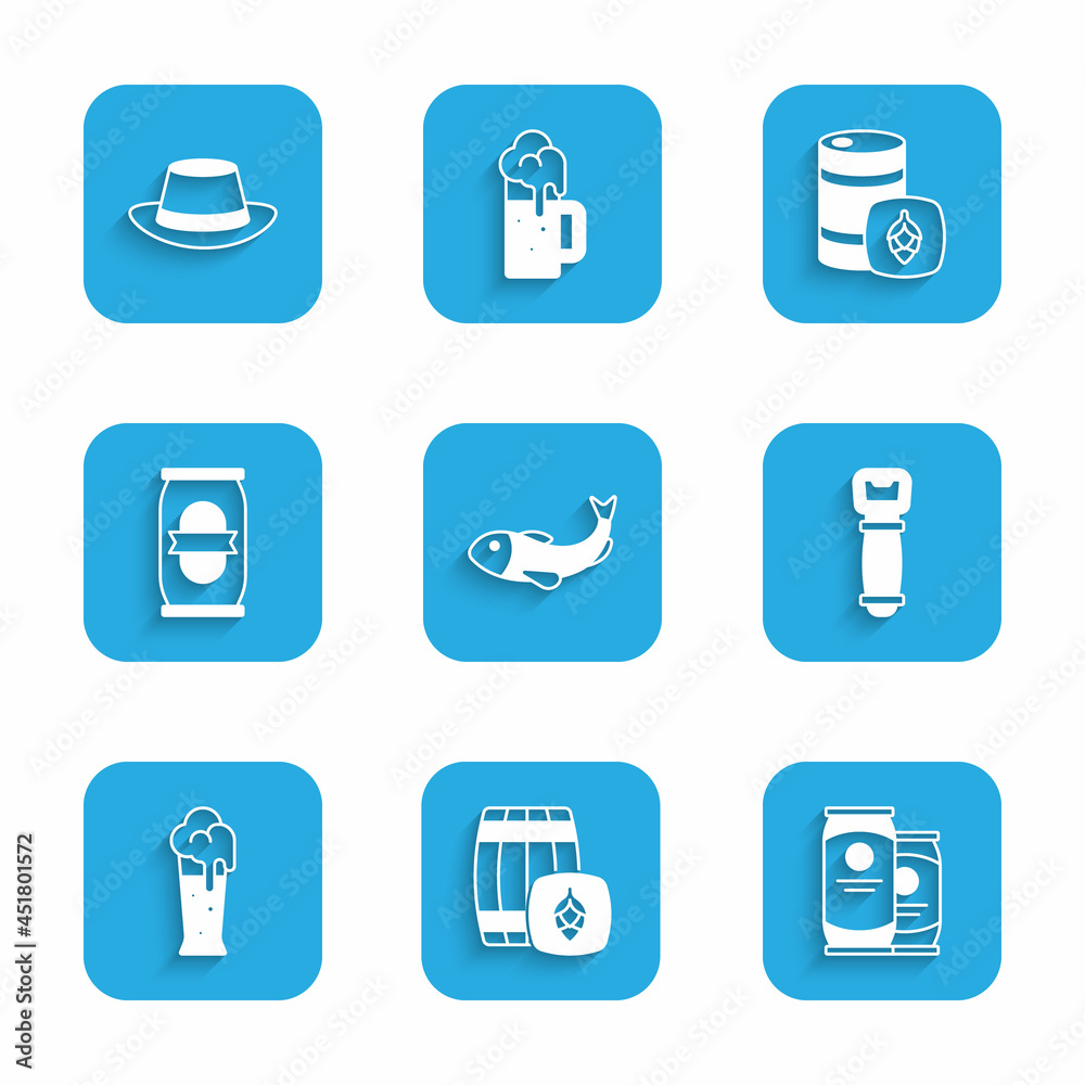 Set Dried fish, Wooden barrel, Beer can, Bottle opener, Glass of beer, Metal keg and Oktoberfest hat icon. Vector Set Dried fish, Wooden barrel, Beer can, Bottle opener, Glass of beer, Metal keg and Oktoberfest hat icon. Vector