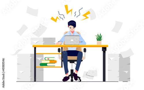 Man stressed at work. Exhausted and sick office worker overloaded with work. Worried businessman suffering from headache. Emotional and professional burnout syndrome concept. Vector Illustration.