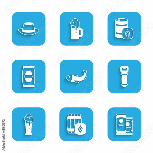 Set Dried fish, Wooden barrel, Beer can, Bottle opener, Glass of beer, Metal keg and Oktoberfest hat icon. Vector