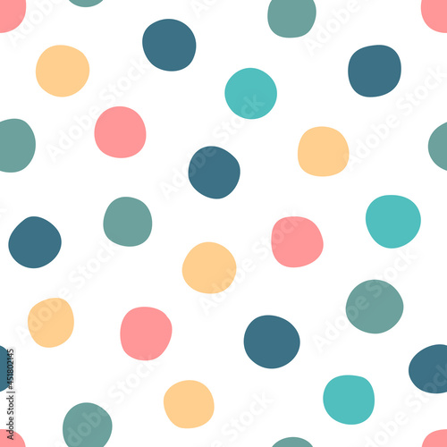 Seamless pattern with colorful polka dot. Vector elements in doodle style for background, wallpaper, textile, cover, banner, greeting card. Simple, fun design. Modern graphic. Trendy textured backdrop