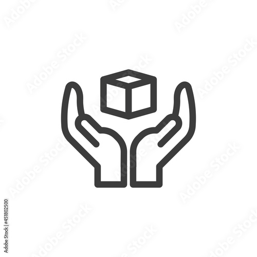 Hands with box icon. Courier service, handle with care, fragile package concept.