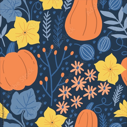 Vector autumn seamless pattern with cute pumpkin, pumpkin flowers and autumn plants. 